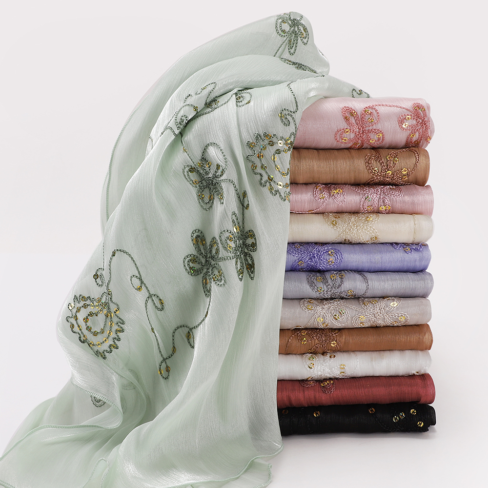 Embroidery Pashmina - Elegant Embroidery Glitter Shimmer Hijab Shawl