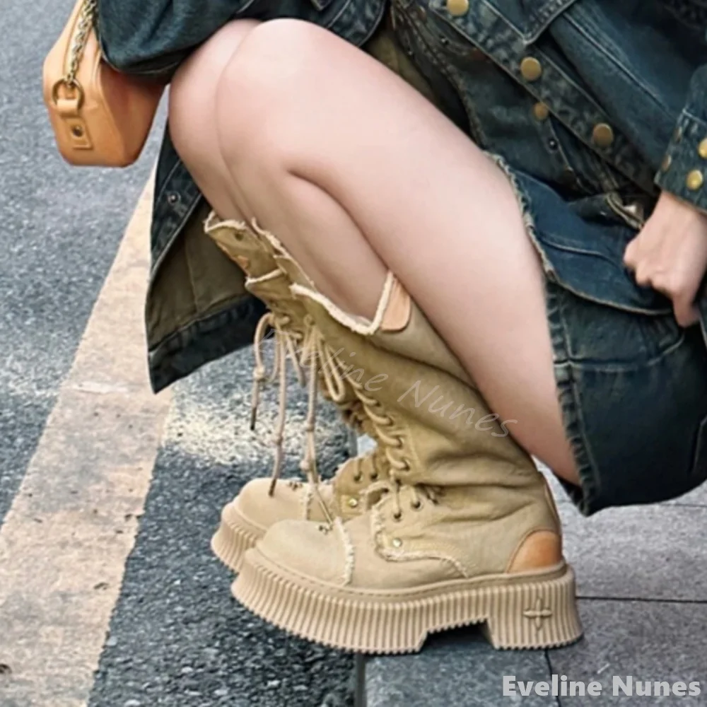 Cross-embroidery Lace-up Knee- - Embroidery Canvas avis et prix