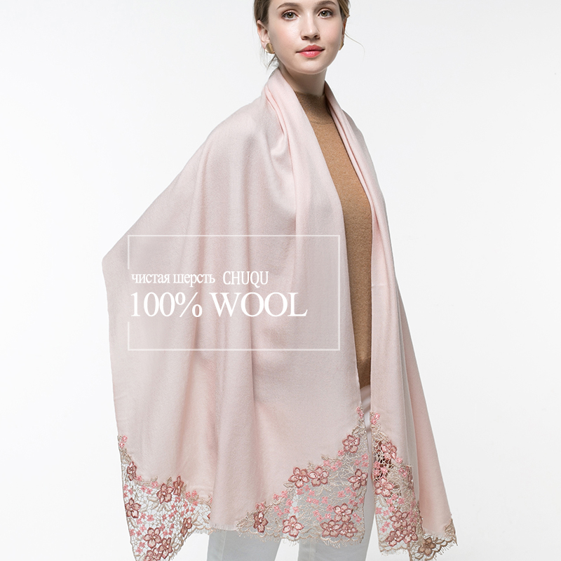 100% Real Wool Pink Scarf Wome - Embroidery Pashmina avis et prix
