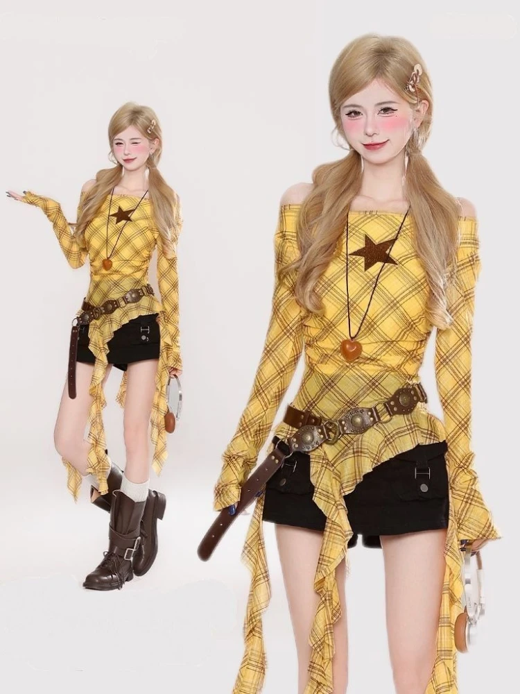 Y2K Plaid Slash Neck Vintage T - Embroidery Fashion avis et prix