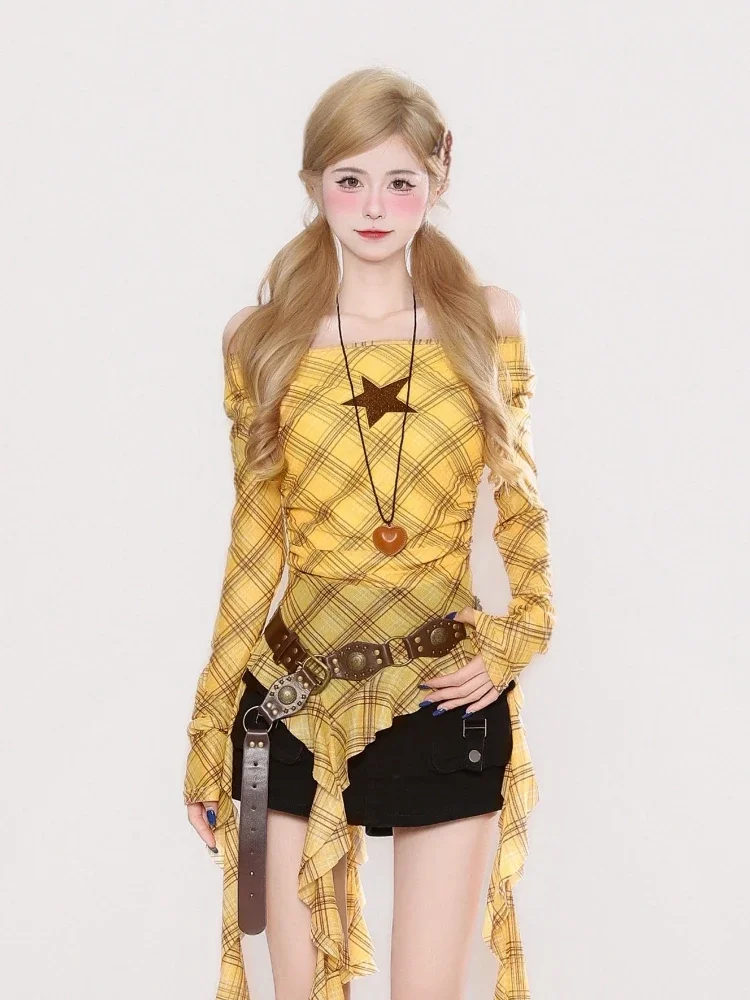 Y2K Plaid Slash Neck Vintage T - Embroidery Fashion avis et prix