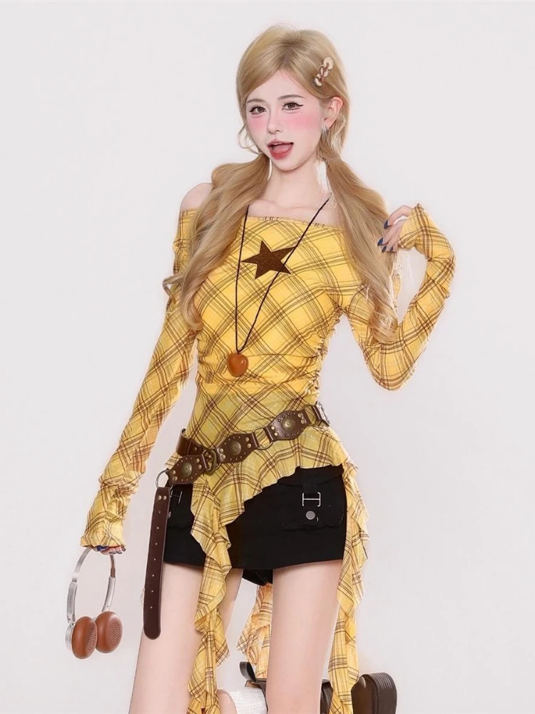 Y2K Plaid Slash Neck Vintage T - Embroidery Fashion avis et prix
