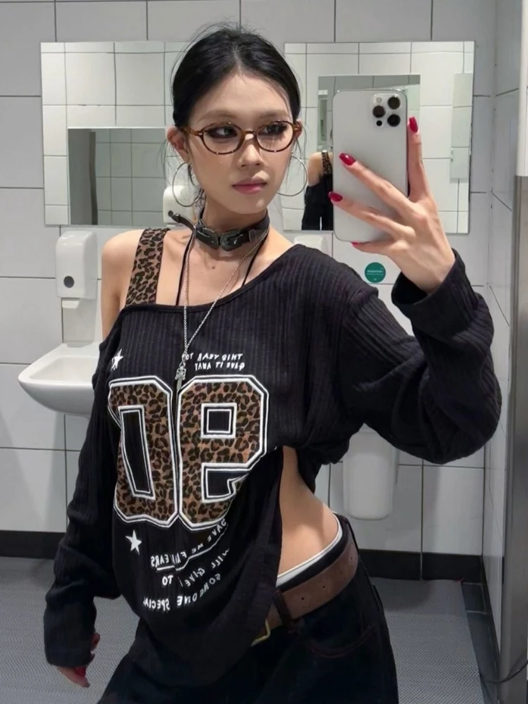 Y2K Patchwork Leopard Print T- - Embroidery Fashion avis et prix