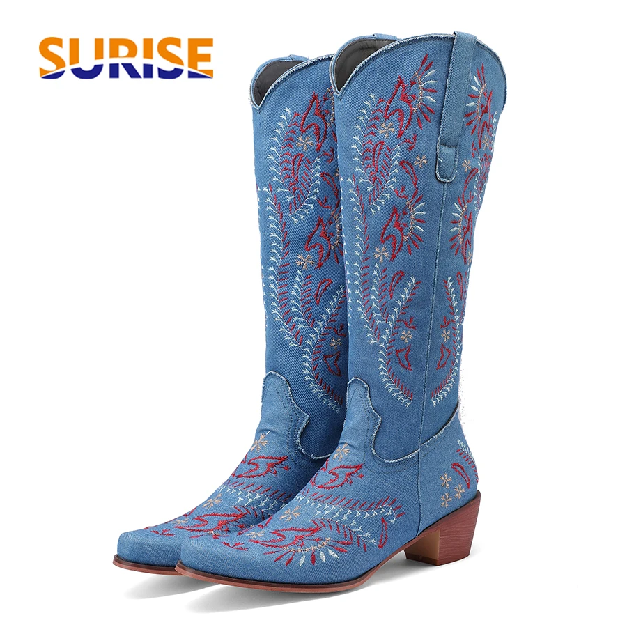 Blue Denim Western Cowgirl Kne - Embroidery Flower avis et prix