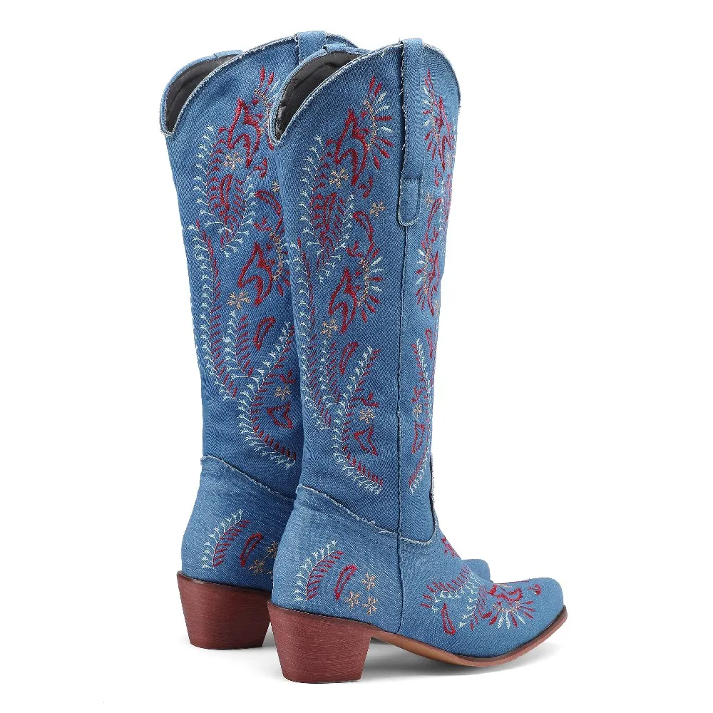 Blue Denim Western Cowgirl Kne - Embroidery Flower avis et prix