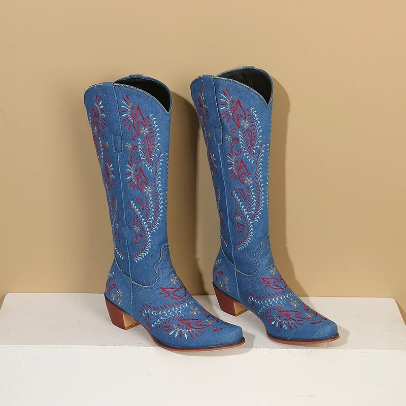 Blue Denim Western Cowgirl Kne - Embroidery Flower avis et prix