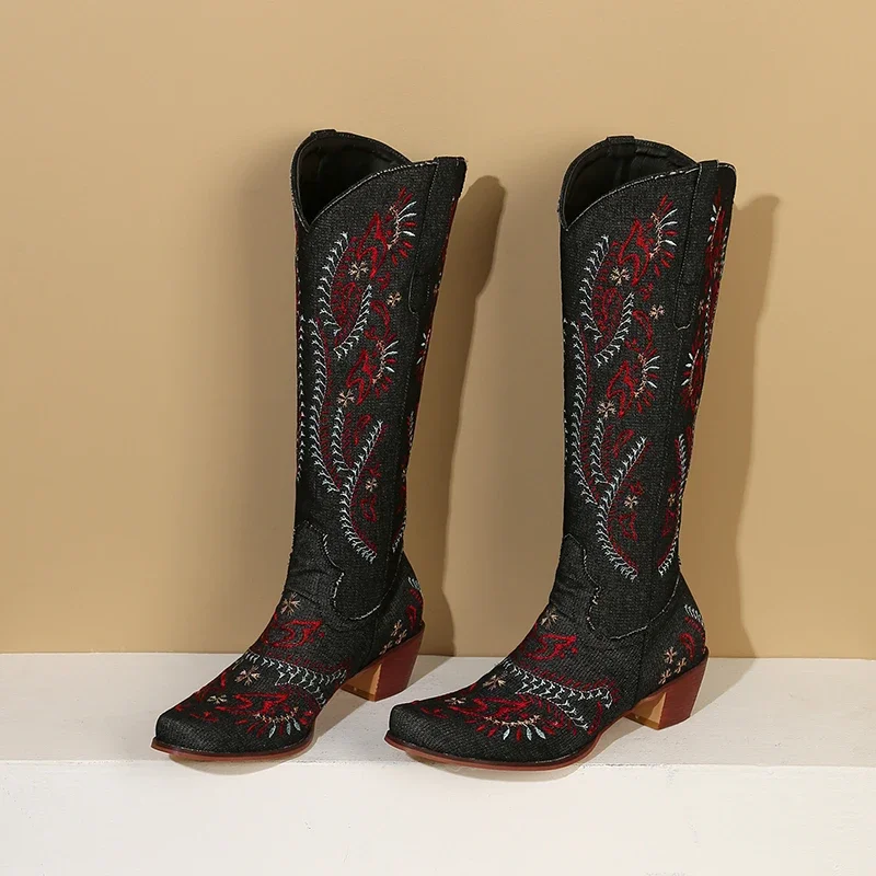 Blue Denim Western Cowgirl Kne - Embroidery Flower avis et prix